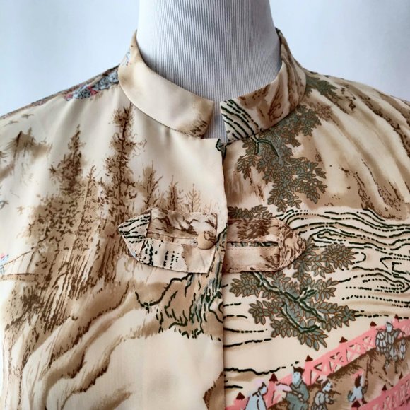 Natori Womens Tan Asian Printed Mandarin Collar Kimono Sleeves Boxy Short Top M - Picture 4 of 12